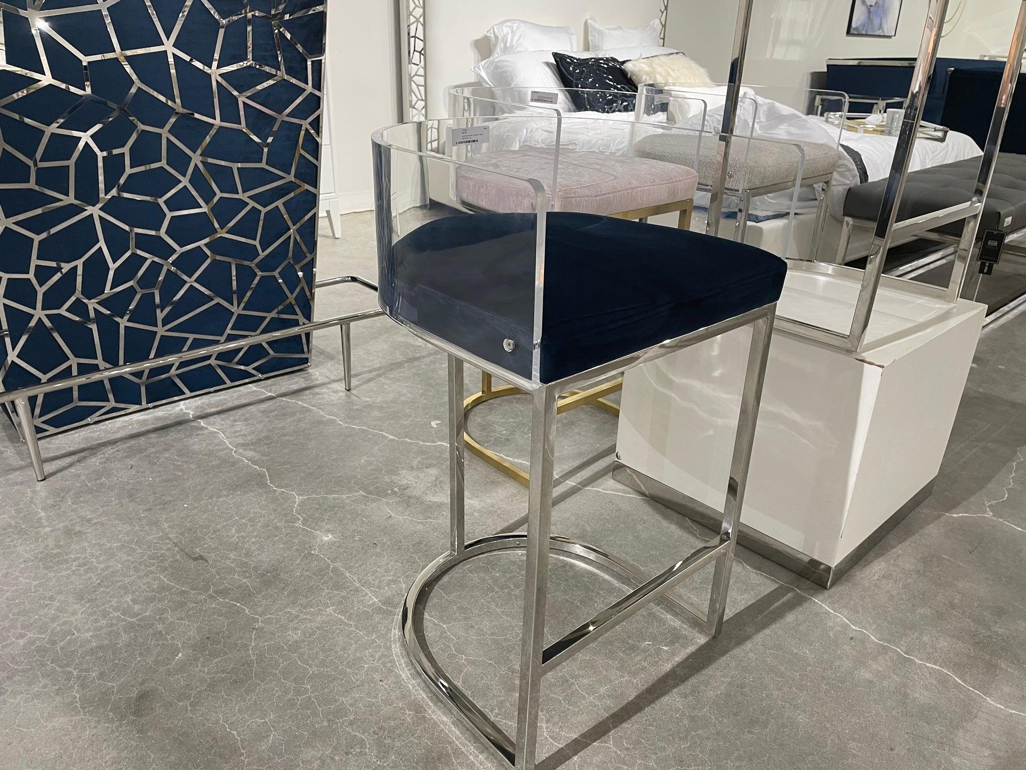 LUCCA Acrylic Counter Stool GY-COU-8529 Blue Ink Velvet color Polished steel